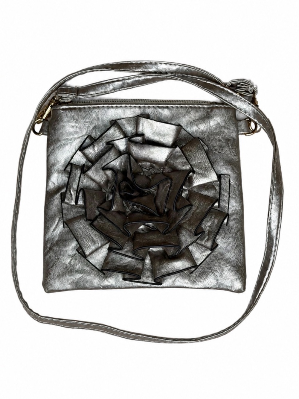 Silver Metallic 3D Rosette Crossbody Bag Adjustable Strap 7x7 Boho Chic